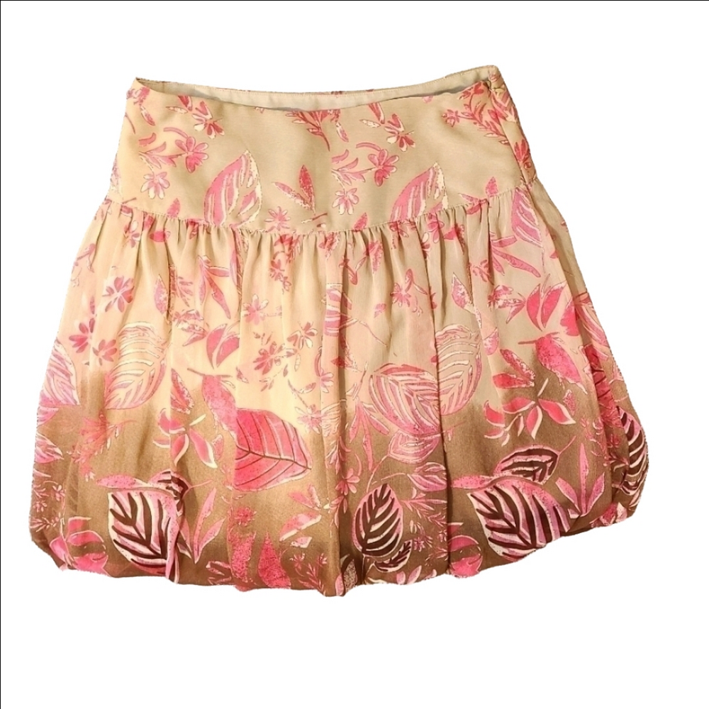 Fairycore Floral Leaf Mini Skirt Y2K Bubble Hem Zip-Up Pink Gold Brown Size 5/6